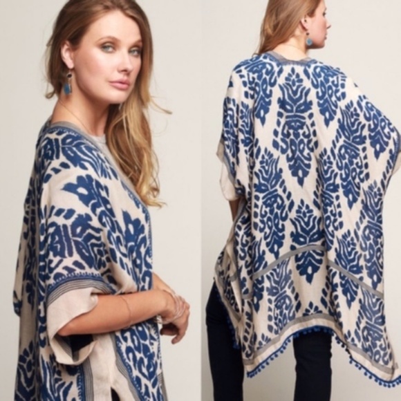 Boho gypsy print Pom Pom hem Kimono - blue - Picture 2 of 3